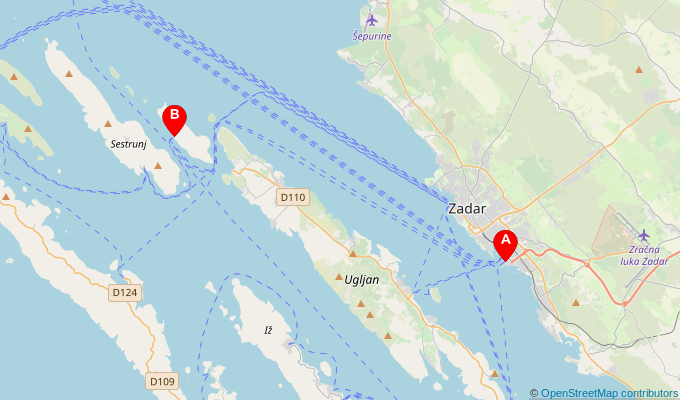 Map of ferry route between Zadar and Rivanj
